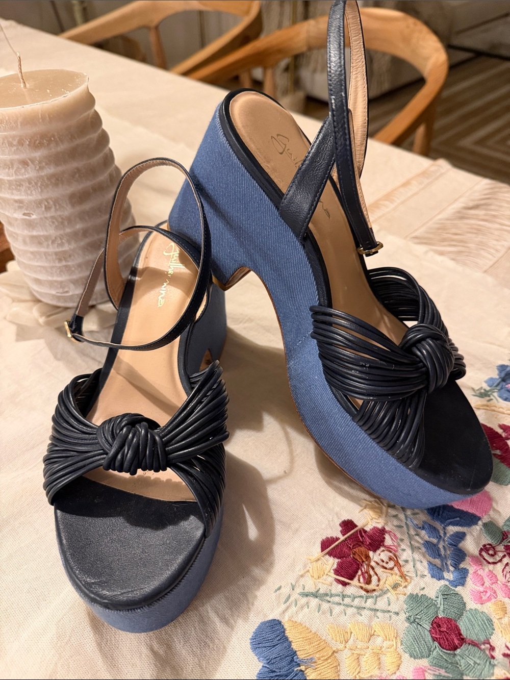 Guilhermina Knotted Navy Platform Slingback Sandal. Made in Spain